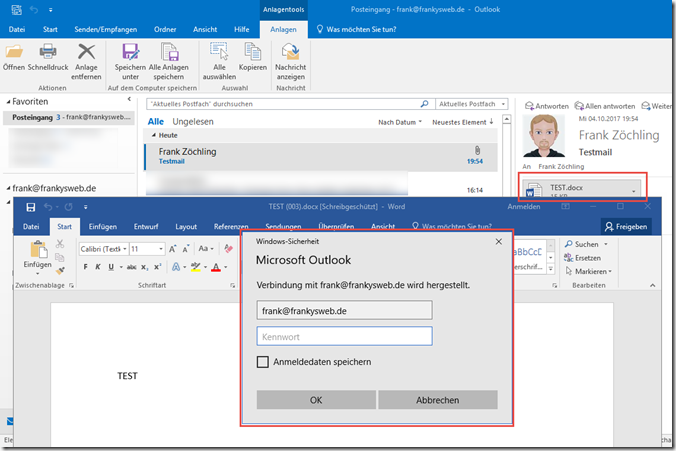 Outlook 2016 password request when opening attachments