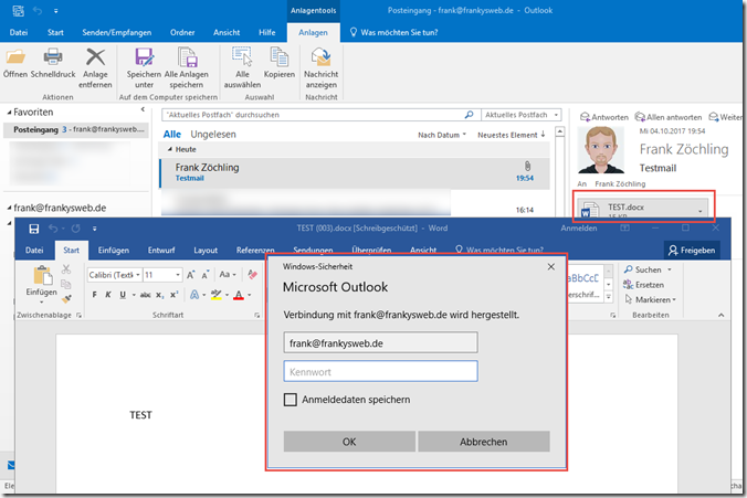 Outlook 2016 Passwortabfrage beim Öffnen von Anhängen