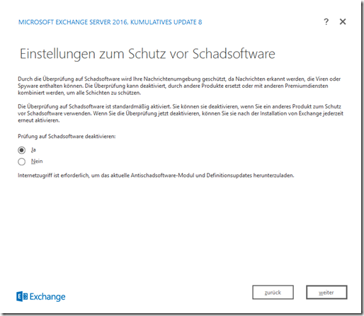 Installation Exchange 2016 CU8 auf Server 2016