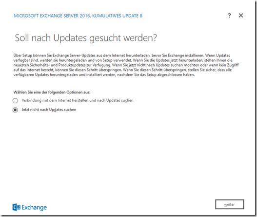 Installation Exchange 2016 CU8 auf Server 2016