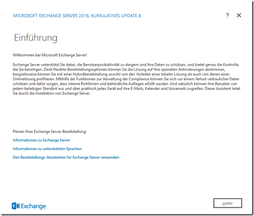 Installation Exchange 2016 CU8 auf Server 2016