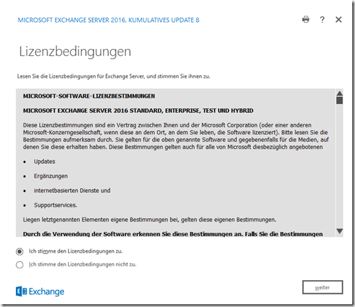 Installation Exchange 2016 CU8 auf Server 2016