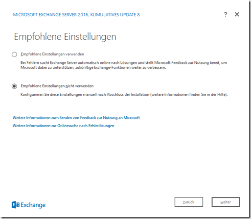 Installation Exchange 2016 CU8 auf Server 2016