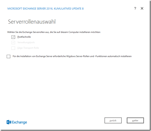 Installation Exchange 2016 CU8 auf Server 2016 Installation Exchange 2016 CU8 auf Server 2016