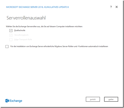 Installation Exchange 2016 CU8 auf Server 2016