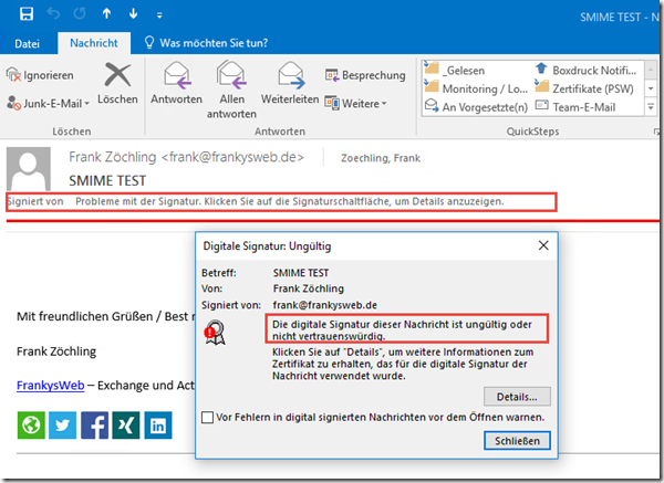Signierung von Mails mittels S/MIME problematisch