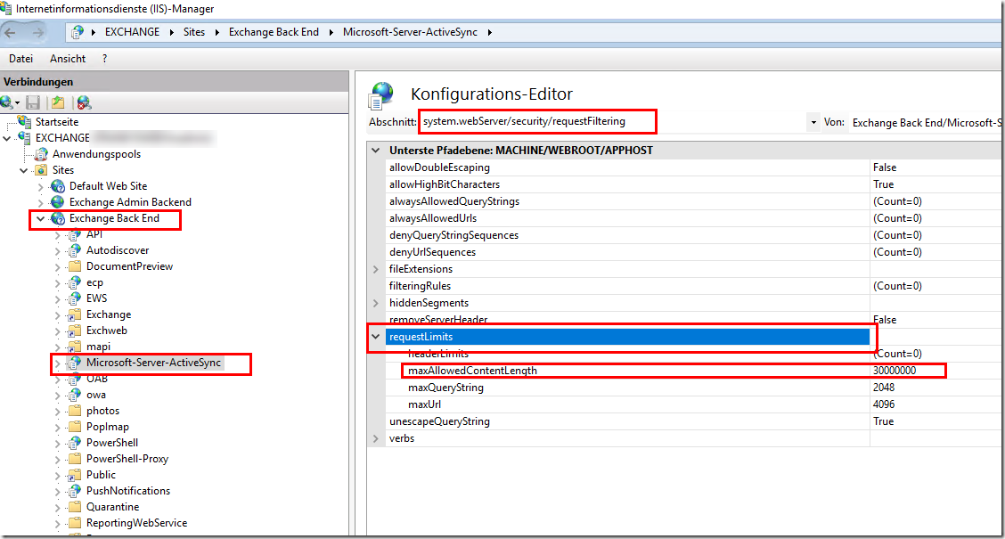 Exchange 2016: Größenbeschränkung für ActiveSync verändern