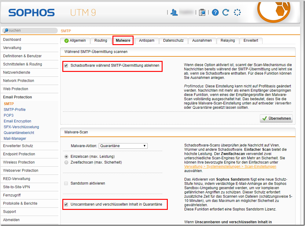 Sophos UTM: Konfiguration der Email Protection für Exchange