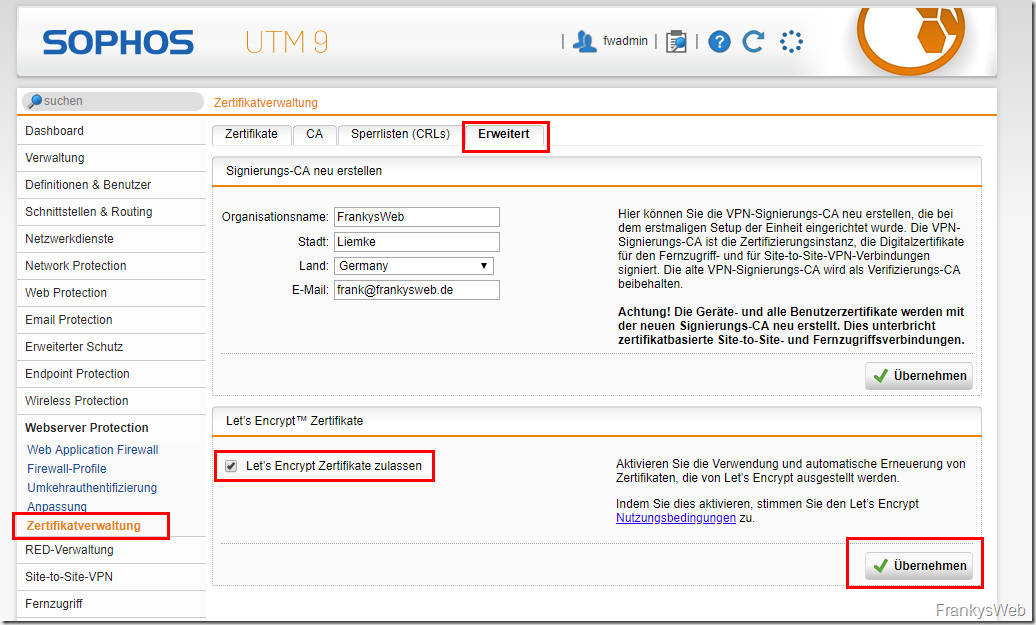 Sophos UTM 9.6: Kostenlose Let’s Encrypt Zertifikate