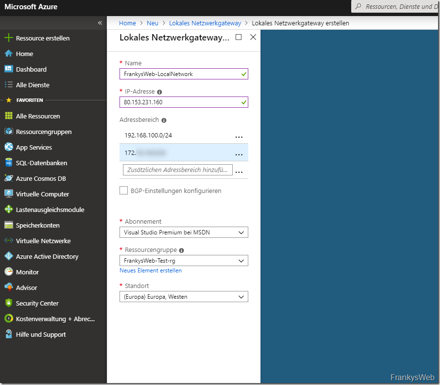 Azure lokales Netzwerkgateway