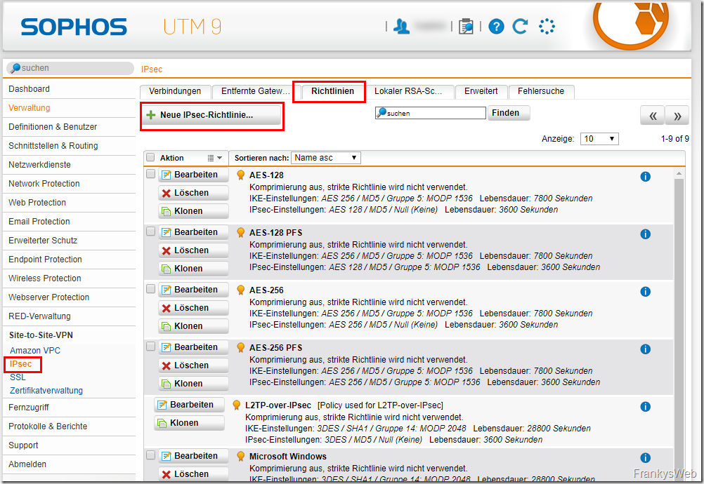 Sophos UTM IPsec Richtlinie