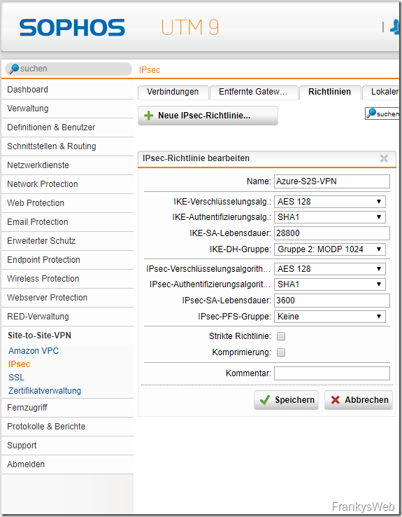 Sophos UTM IPsec Richtlinie