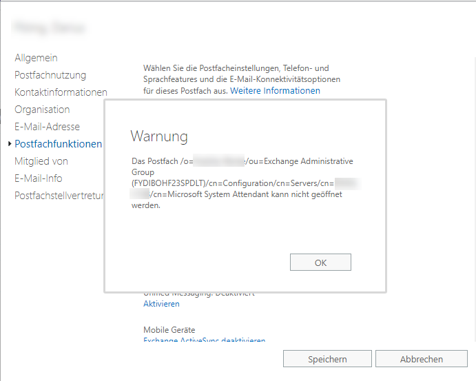 Warnung: Microsoft System Attendant kann nicht geöffnet werden.