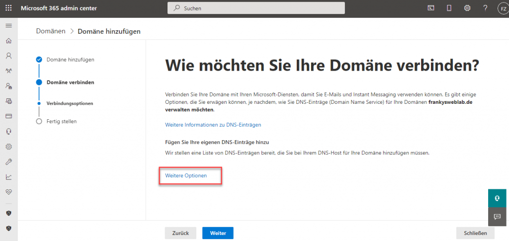 Domain verbinden, weitere Optionen
