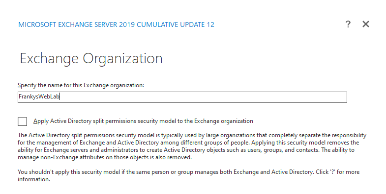 Exchange Server Setup fragt bei Migration nach Organisationsnamen
