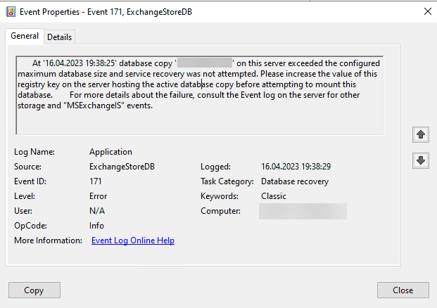 Exchange 2019: ExchangeStoreDB EventID 171 Datenbank lässt sich nicht mounten