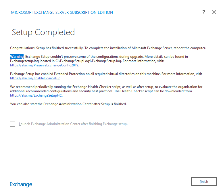 Exchange SE Setup completed